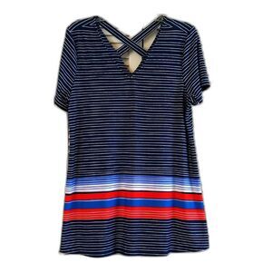 Avenue Navy Blue Red White Stripe Criss Cross Back Stretch Top Women's 14/16